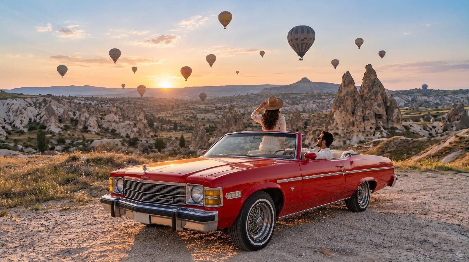 Woman in a hat standing in a red 1976 Buick Skylark watching the balloons in Cappadocia