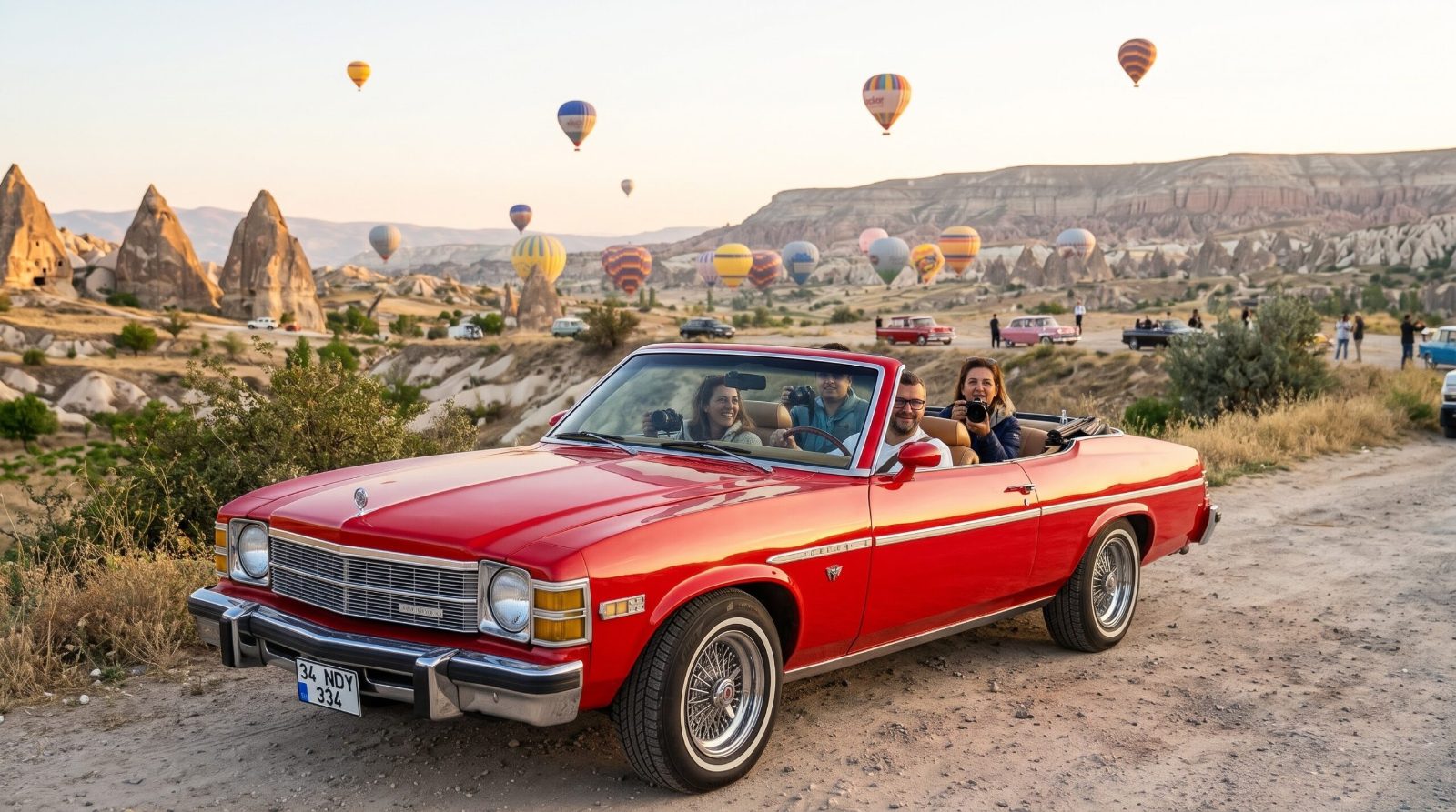 Friends on a classic car tour in a red convertible in Cappadocia